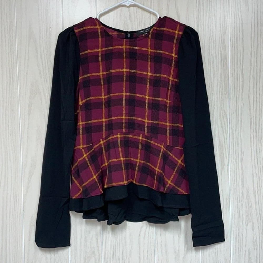 Nwt Romeo & Juliet Couture WINE Women's Plaid Ruffle Blouse US Small